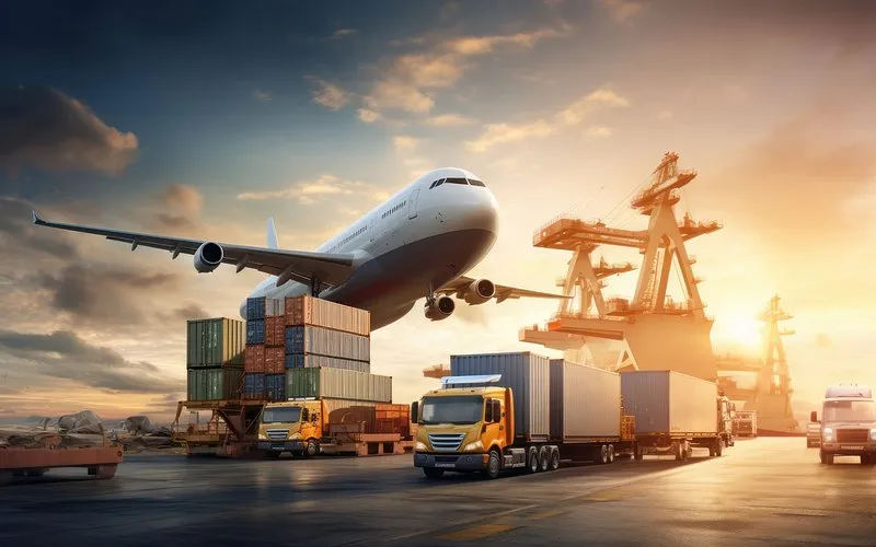 Freighter aircraft over a port terminal at sunset