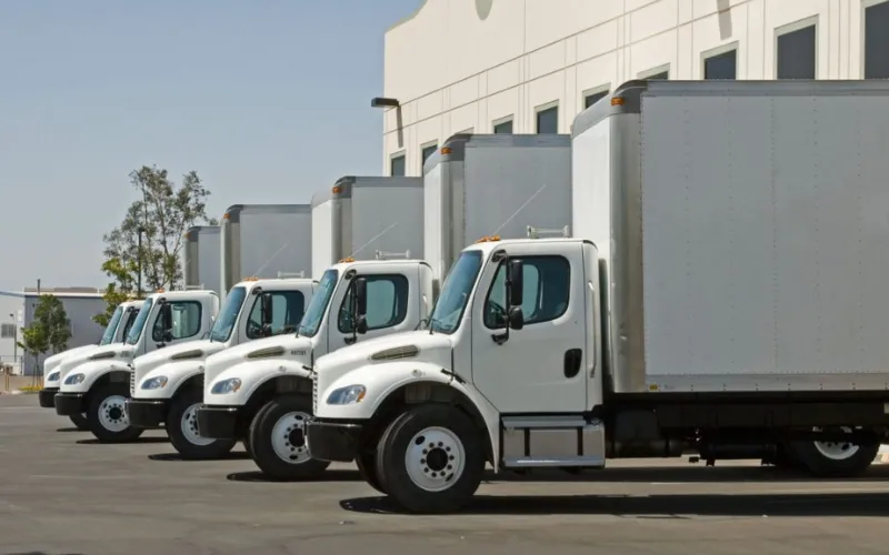 A row of white box trucks in a yard